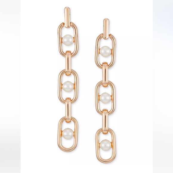 Golden Linings Jewelry - Gold link and pearl studded dangling earrings